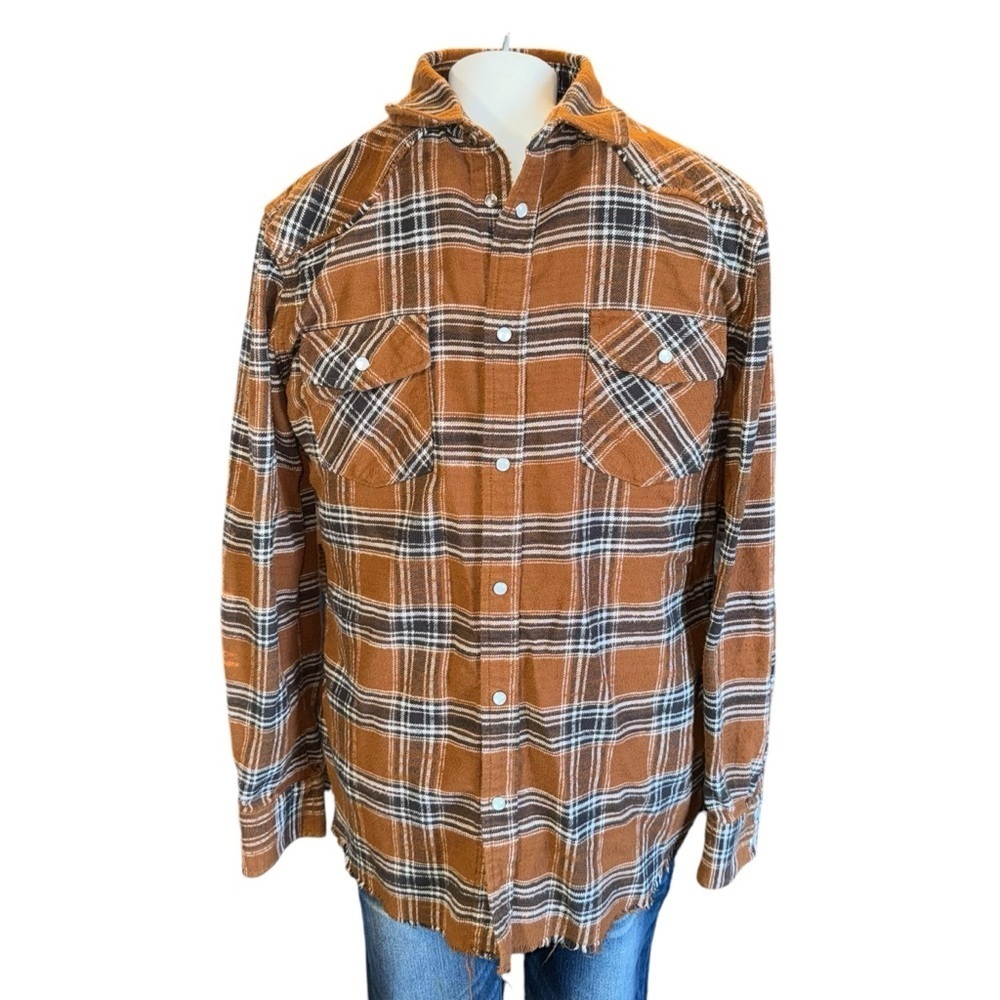 Vendor Women’s  Flannel Shirt Sz Large Brown 💯 Cotton LSleeve Pearl Snaps Fringe